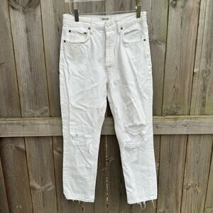 Agolde Jeans Riley Straight  Cropped Jeans Distressed Button Fly White Size 27